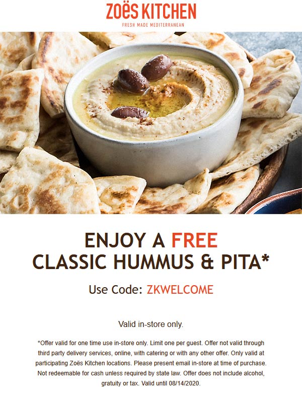 Free classic hummus & pita at Zoes Kitchen mediterranean restaurants 