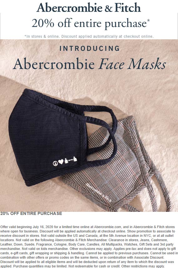 Abercrombie & Fitch stores Coupon  20% off at Abercrombie & Fitch, ditto online #abercrombiefitch 