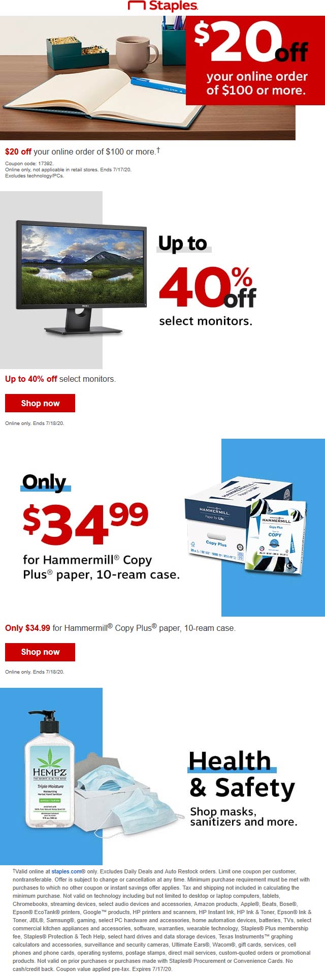 20 off 100 today online at Staples office supplies via promo code
