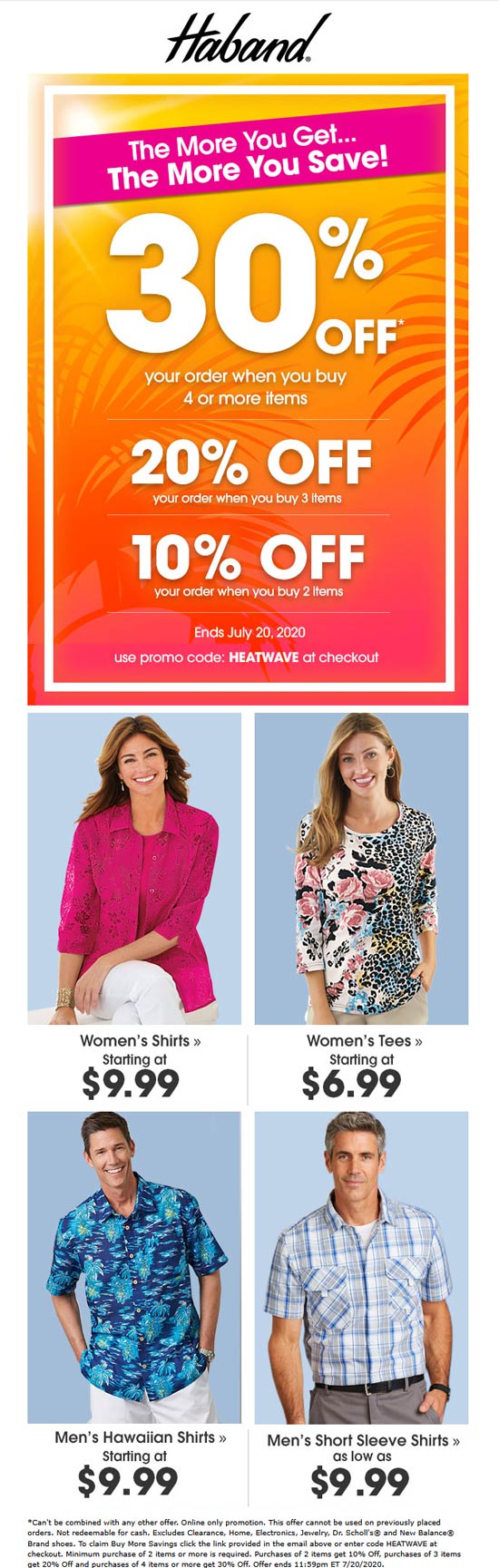 Haband stores Coupon  10-30% off 2+ items online at Haband via promo code HEATWAVE #haband 