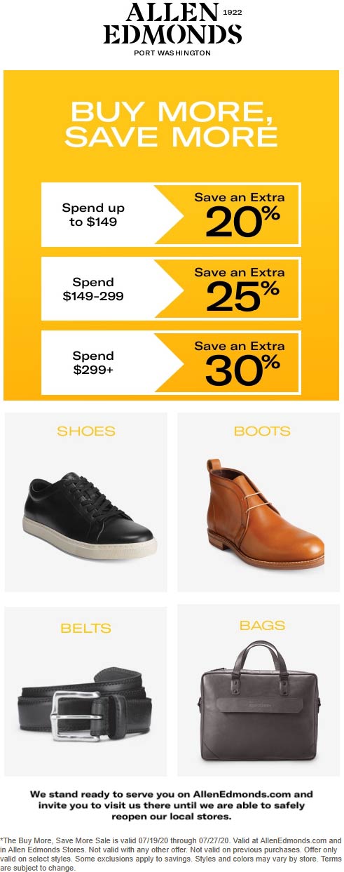 Allen Edmonds stores Coupon  20-30% off shoes at Allen Edmonds premium mens footwear & accessories, ditto online #allenedmonds 