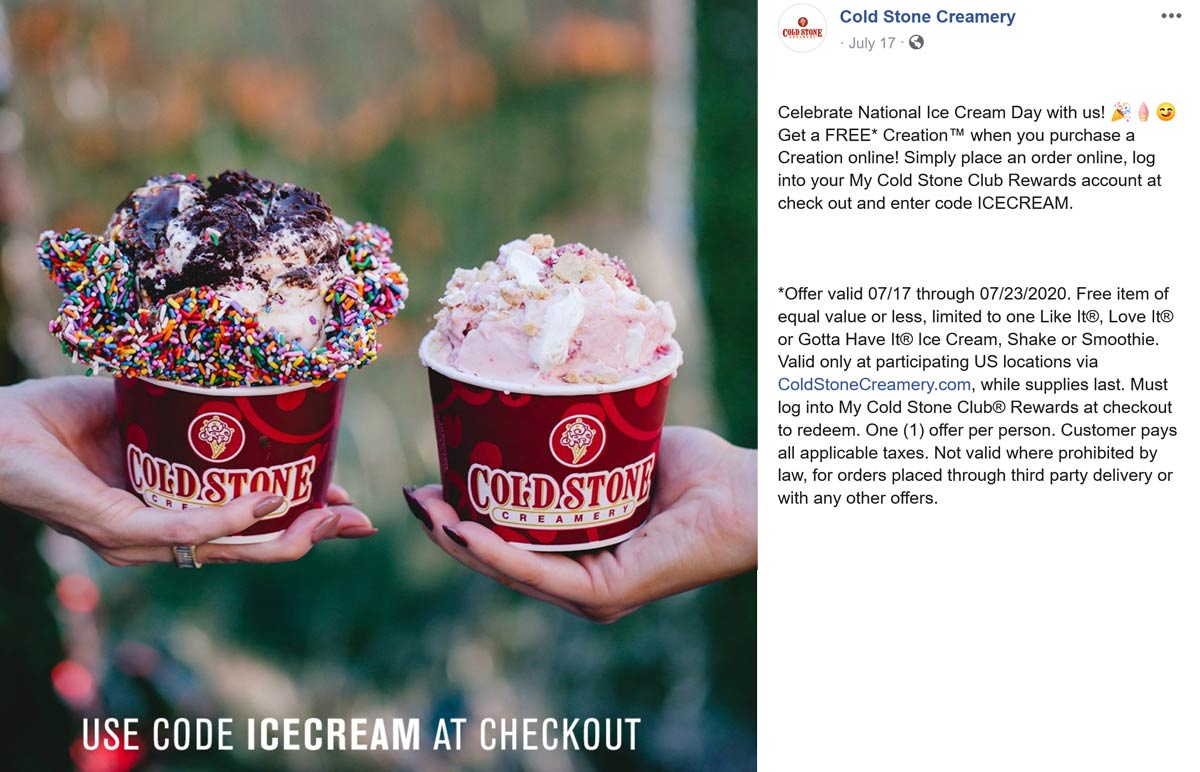 Second Ice Cream Free At Cold Stone Creamery Via Promo Code ICECREAM 