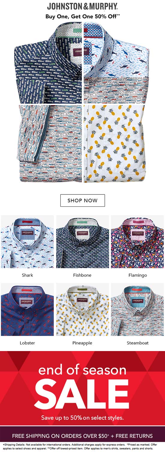 Johnston & Murphy stores Coupon  Second summer print shirt 50% off at Johnston & Murphy #johnstonmurphy 