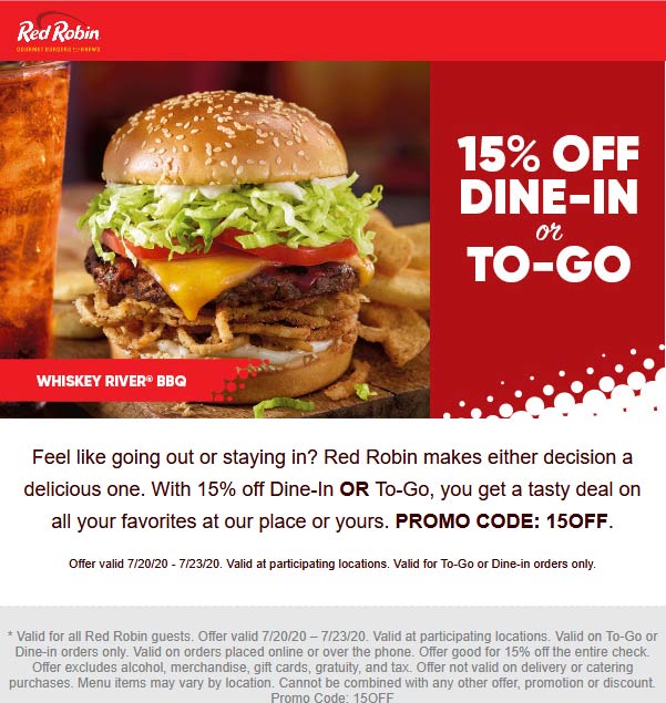 Red Robin restaurants Coupon  15% off dine-in or to-go at Red Robin restaurants via promo code 15OFF #redrobin redrobin timdrake foodsgam chefoninstagram damianwayne dickgrayson batfamily redhood nightwing 