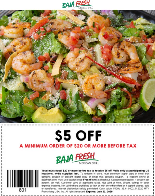 Baja Fresh restaurants Coupon  $5 off $20 at Baja Fresh restaurants #bajafresh 