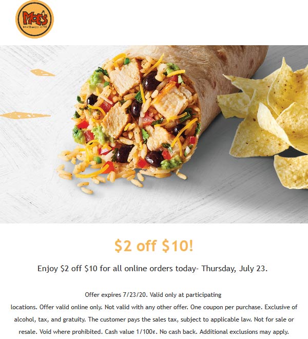 2 off 10 at Moes Southwest Grill Mexican restaurants 