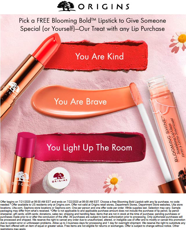 Free blooming bold lipstick with any lip purchase today at Origins 