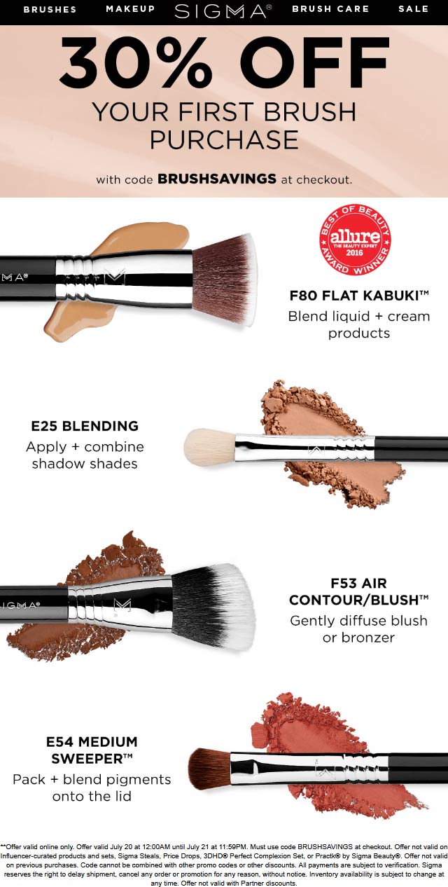 Sigma stores Coupon  30% off brushes today at Sigma beauty via promo code BRUSHSAVINGS #sigma sigmalens sigmaart 