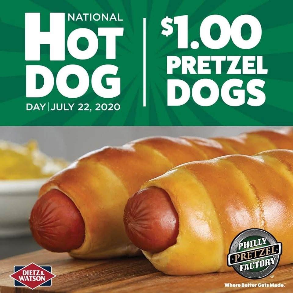 Philly Pretzel Factory restaurants Coupon  $1 pretzel dogs today at Philly Pretzel Factory restaurants #phillypretzelfactory 