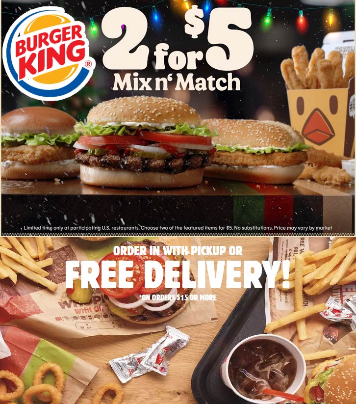 Burger King restaurants Coupon  2 Whoppers, chicken sandwich, fish sandwich or 9pc chicken fries = $5 at Burger King #burgerking burgerking mcdonalds pizzahut kfc 