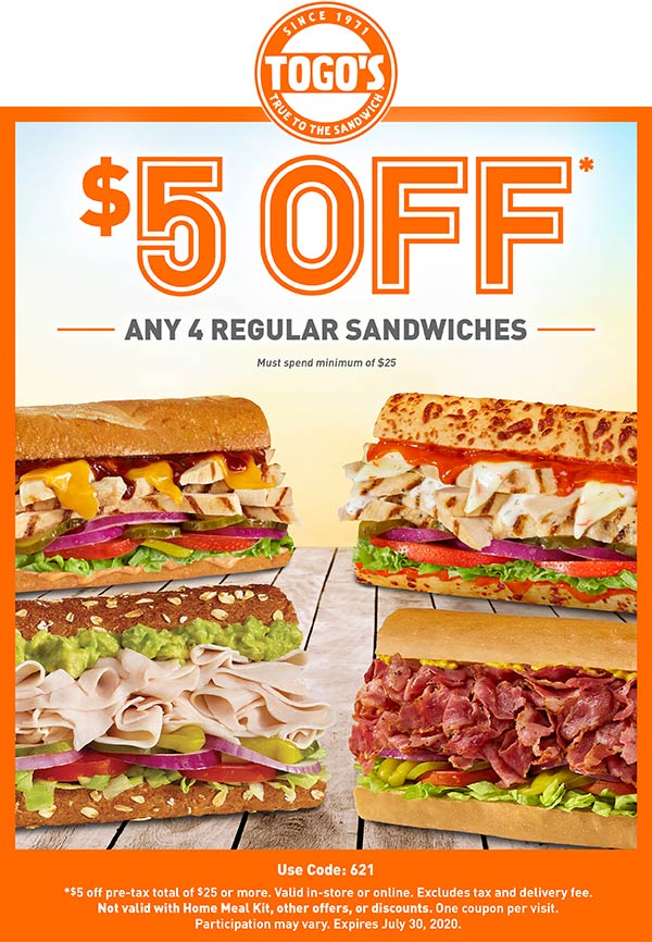 Togos restaurants Coupon  $5 off any 4 sandwiches at Togos restaurants #togos 