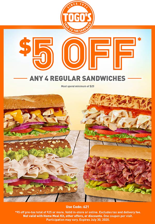 5 off any 4 sandwiches at Togos restaurants togos The Coupons App®