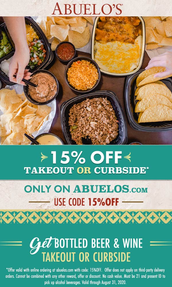 Abuelos stores Coupon  15% off at Abuelos Mexican restuarants via promo code 15%OFF #abuelos grandsparents anziani grandmas nonni elderly notmynonni 