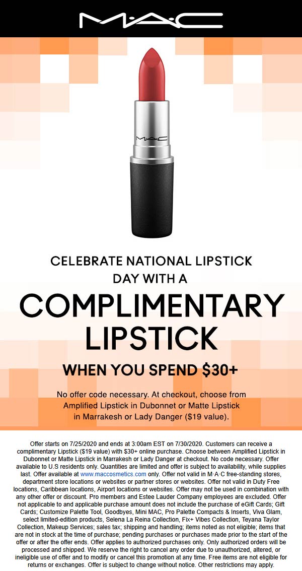 MAC stores Coupon  Free lipstick with $30 spent online at MAC Cosmetics #mac maccosmetics anastasiabeverlyhills sephora makeupforever nyx nars urbandecay 