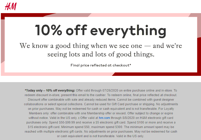 H&M stores Coupon  10% off everything today at H&M, ditto online #hm 