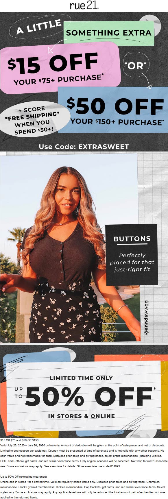 rue21 stores Coupon  $15 off $75 & more today online at rue21 via promo code EXTRASWEET #rue21 fashion model explorepage forever21 ootd fashionnova explore instagram love photography youinrue 