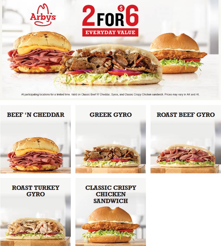 Arbys restaurants Coupon  2 gyros, beef n cheddar & chicken sandwiches = $6 at Arbys #arbys 