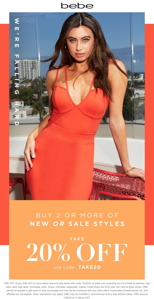 20 off 2+ new or sale items at bebe via promo code TAKE20 bebe The Coupons App®