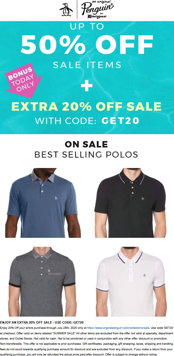 Original Penguin stores Coupon  Extra 20% off sale items today at Original Penguin via promo code GET20 #originalpenguin 