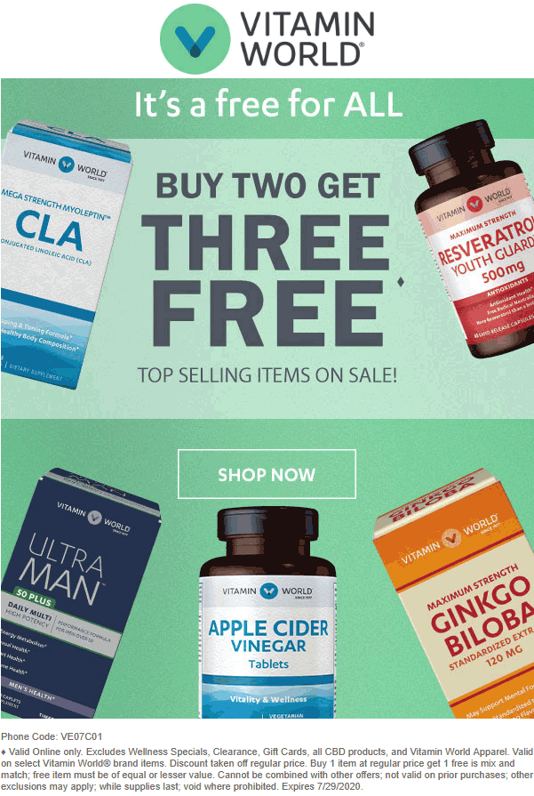 5for2 online at Vitamin World via promo code VE07C01 vitaminworld