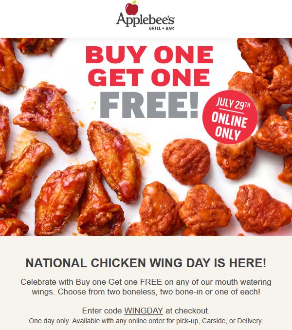 Applebees restaurants Coupon  Second chicken wings free today at Applebees via promo code WINGDAY #applebees 