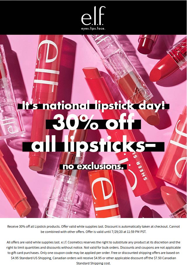 e.l.f. stores Coupon  30% off lipstick today at e.l.f. Cosmetics #elf 