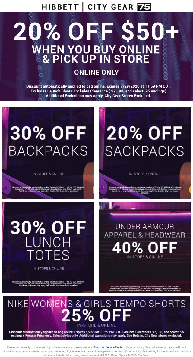 Hibbett Sports stores Coupon  30% off backpacks & 20% off $50 online today at Hibbett Sports #hibbettsports 