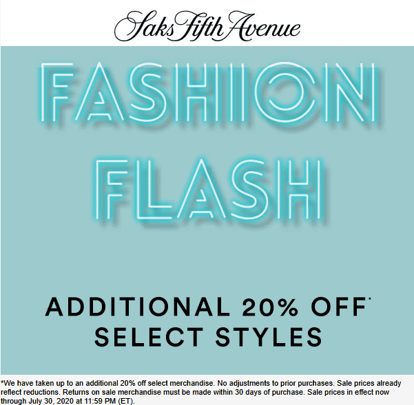 [September, 2021] 20 off various items online at Saks Fifth Avenue, no