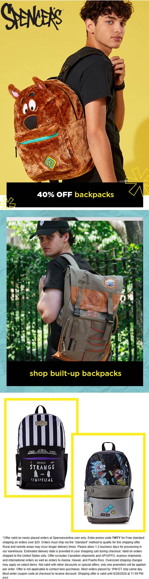 Spencers stores Coupon  40% off backpacks at Spencers + free shipping via promo code TWTY #spencers 