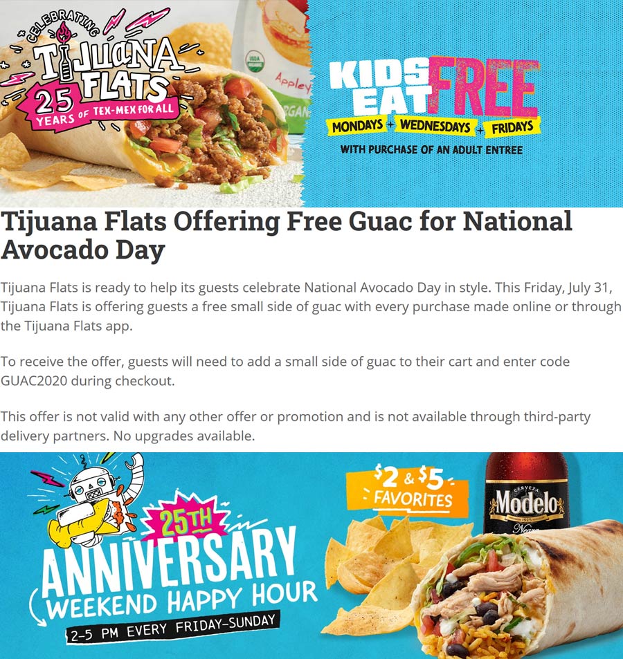 Tijuana Flats restaurants Coupon  Free guacamole + kids eat free today at Tijuana Flats Tex-Mex restaurants #tijuanaflats 