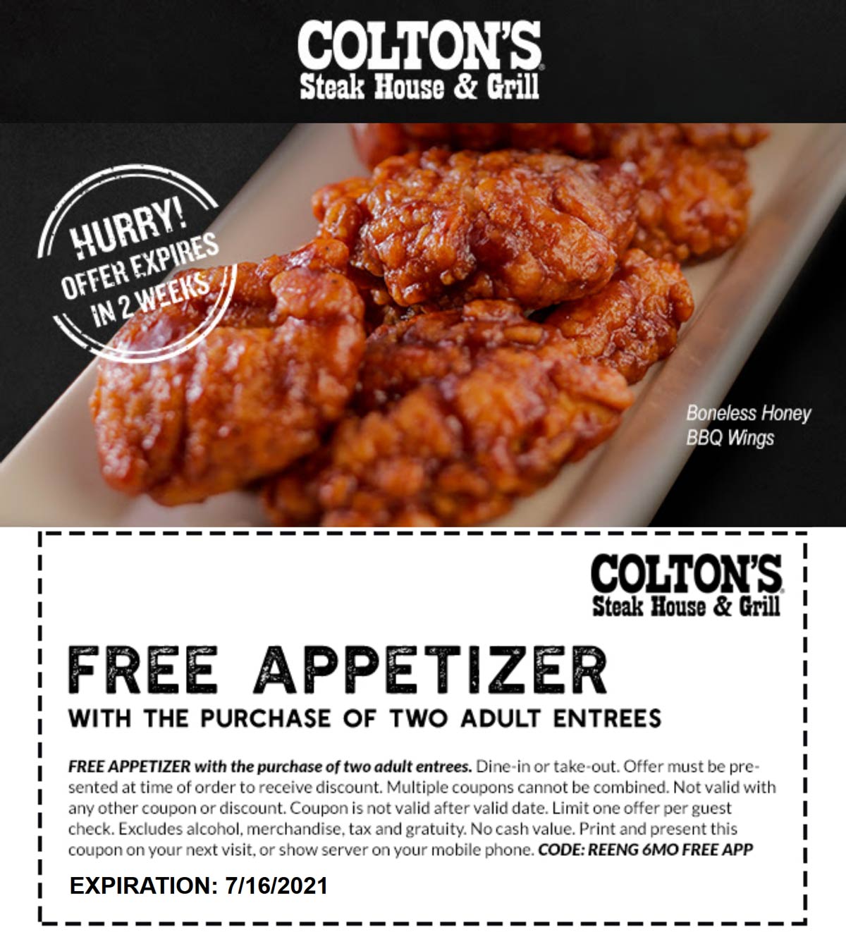 Coltons restaurants Coupon  Free appetizer with your entrees at Coltons Steak House & Grill #coltons 