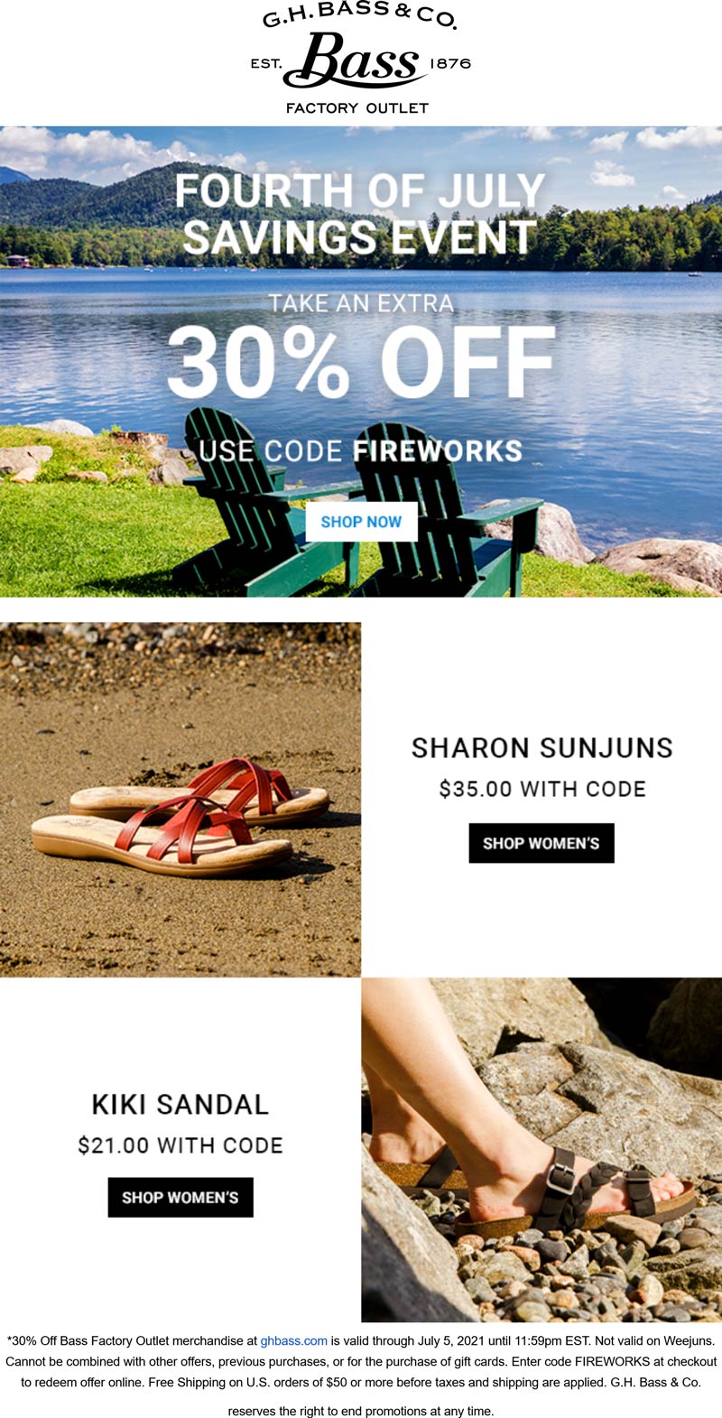 G.H. Bass & Co. Factory Outlet stores Coupon  Extra 30% off at G.H. Bass & Co. Factory Outlet via promo code FIREWORKS #ghbasscofactoryoutlet 