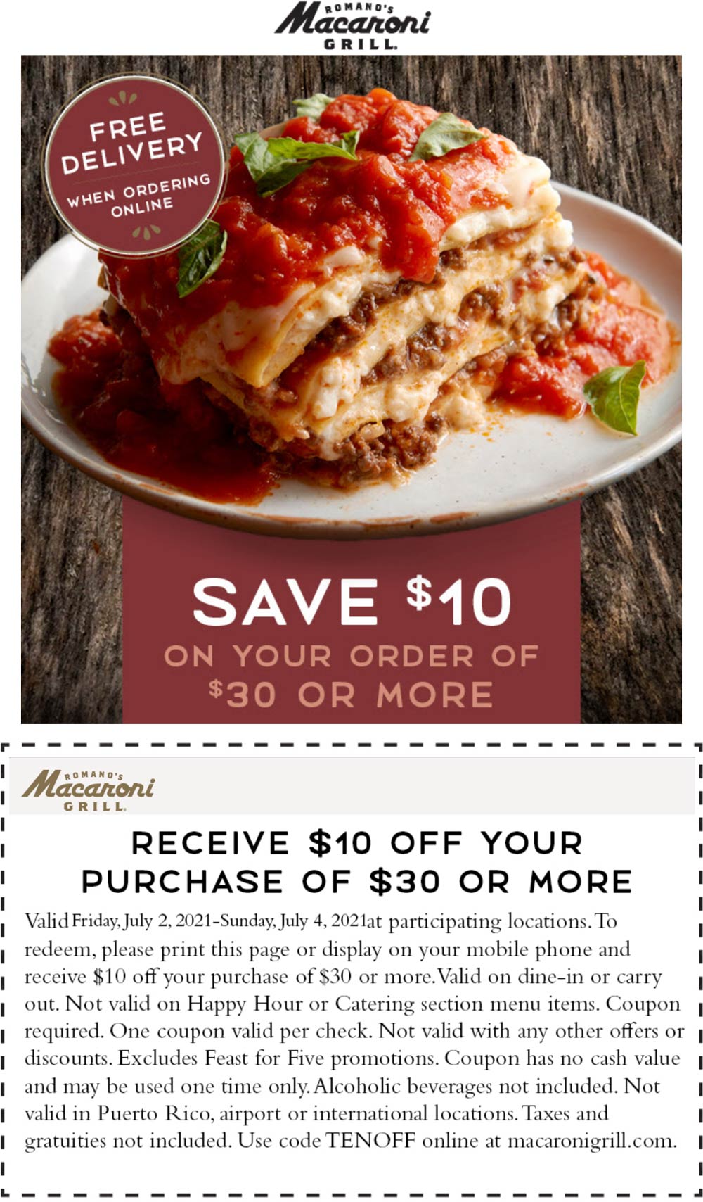 Macaroni Grill restaurants Coupon  $10 off $30 at Macaroni Grill restaurants, or online via promo code TENOFF #macaronigrill 