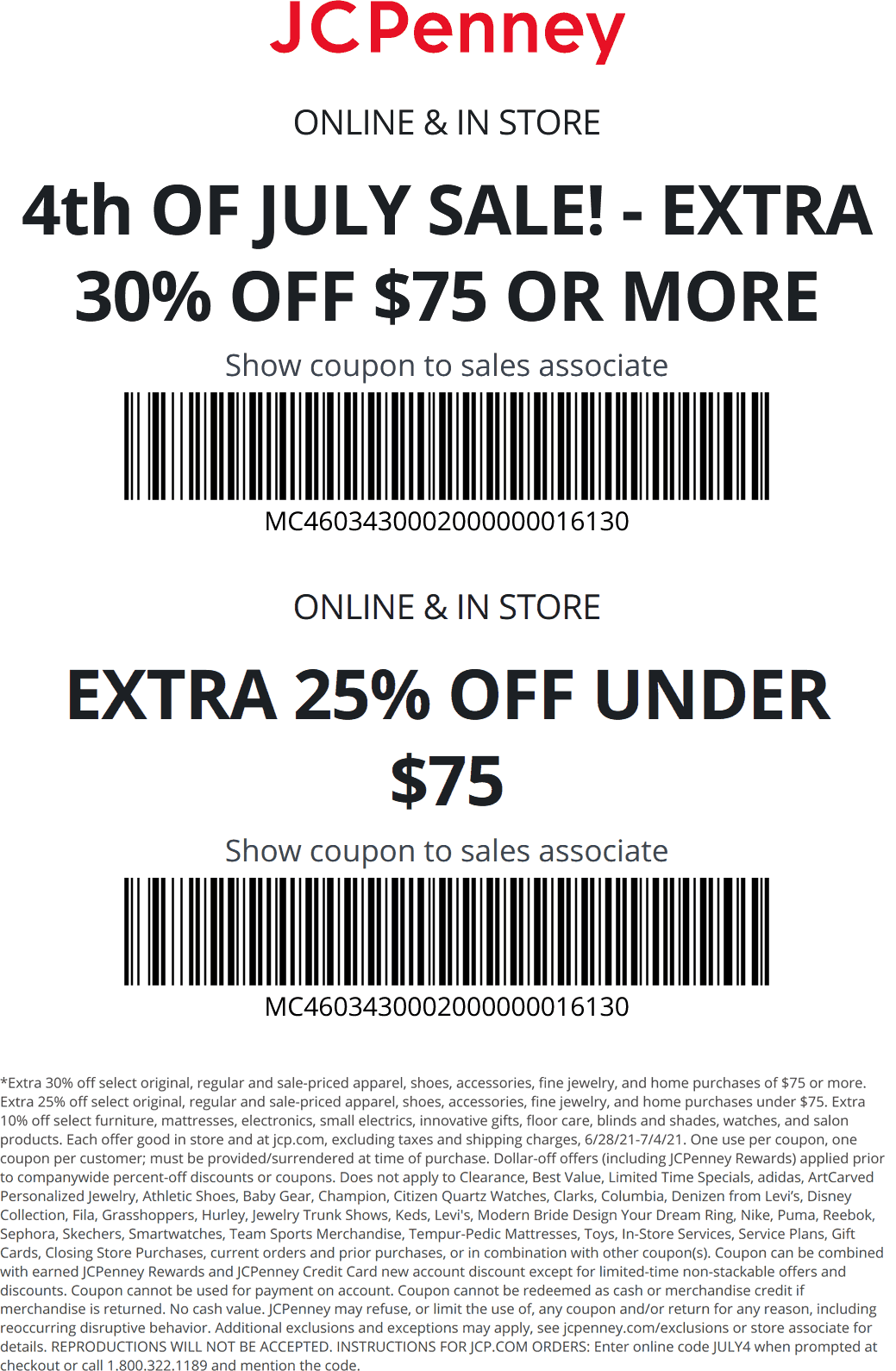 JCPenney stores Coupon  Extra 25-30% off at JCPenney, or online via promo code JULY4 #jcpenney 