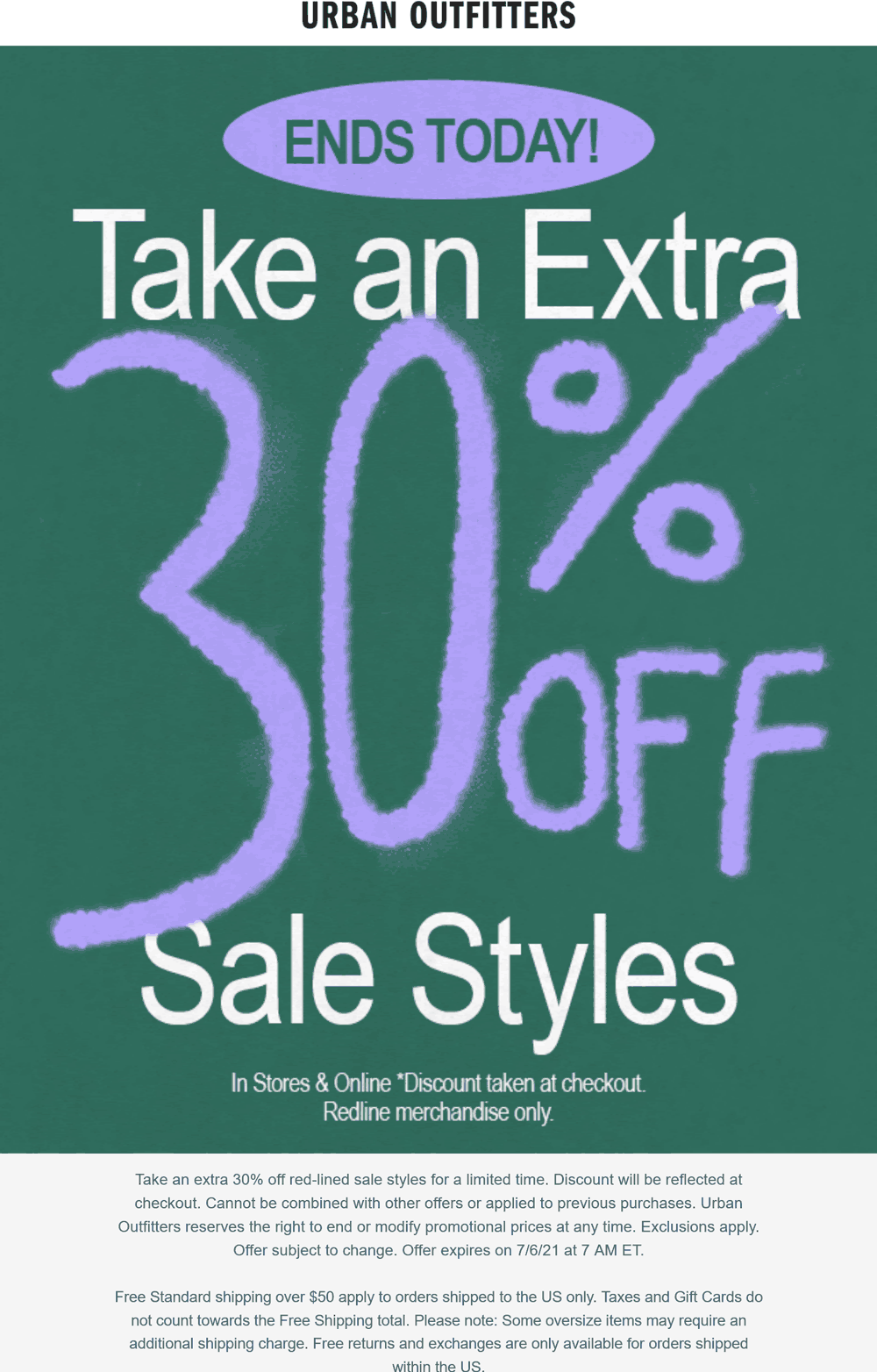 Urban Outfitters stores Coupon  Extra 30% off sale items today at Urban Outfitters, ditto online #urbanoutfitters 