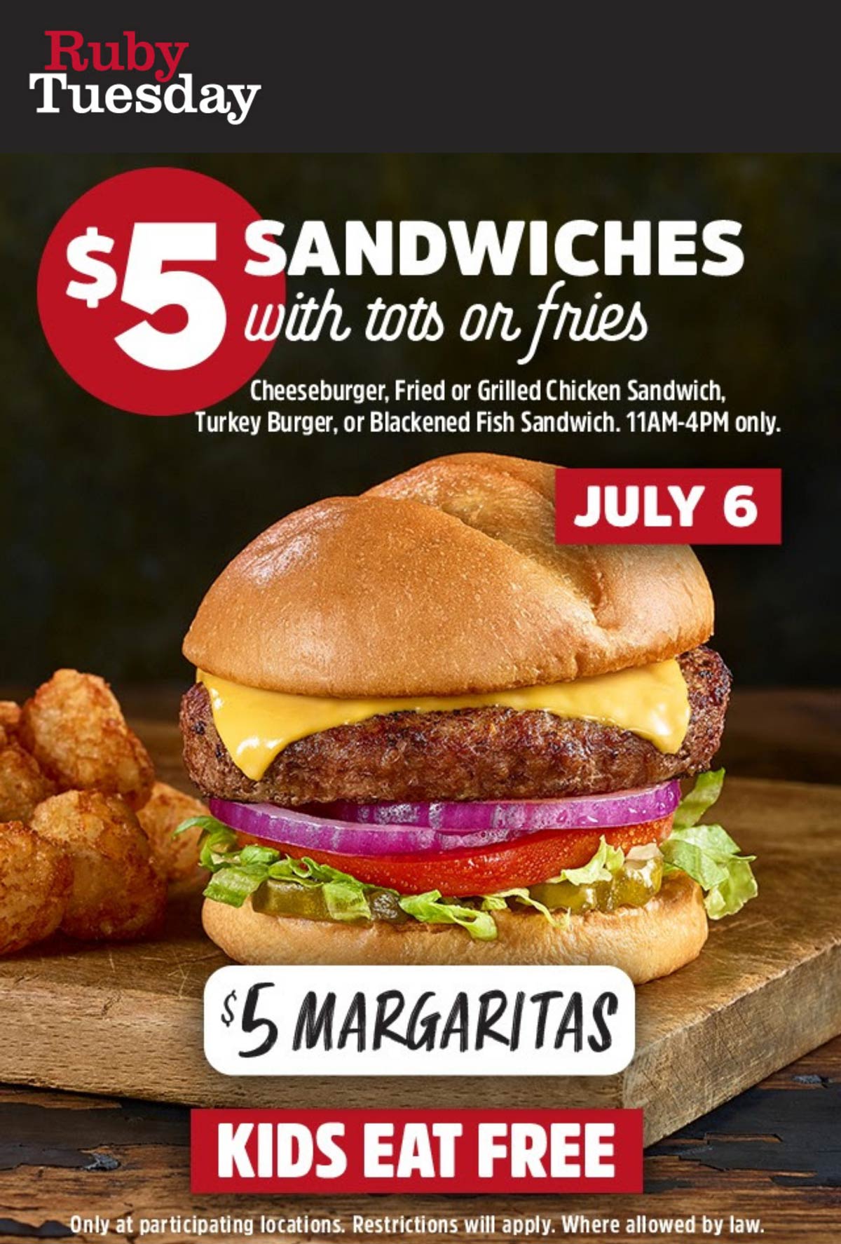 Ruby Tuesday restaurants Coupon  $5 cheeseburger or sandwiches + fries today at Ruby Tuesday #rubytuesday 