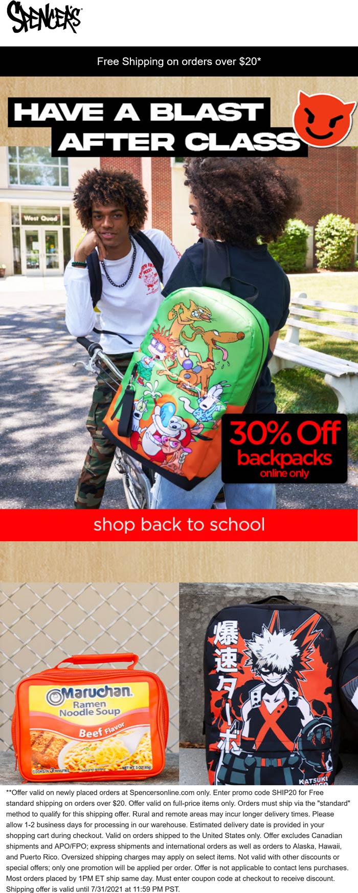 Spencers stores Coupon  30% off backpacks online at Spencers with free shipping via promo code SHIP20 #spencers 