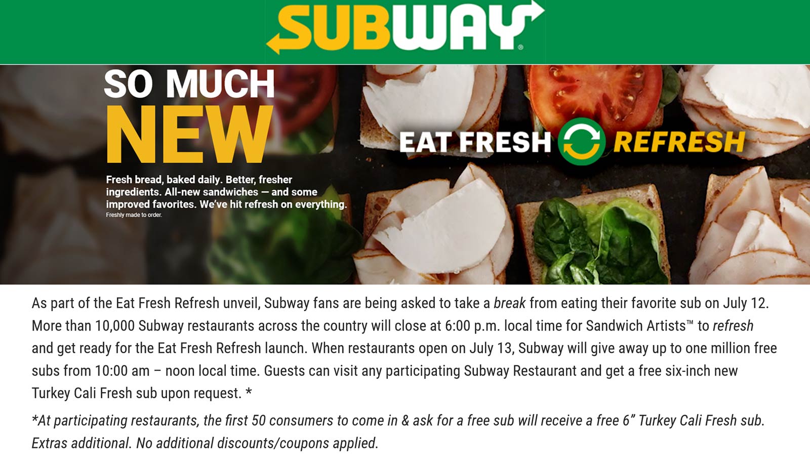 Subway restaurants Coupon  Free turkey sub sandwiches 10a the 13th to first 50 at Subway #subway 