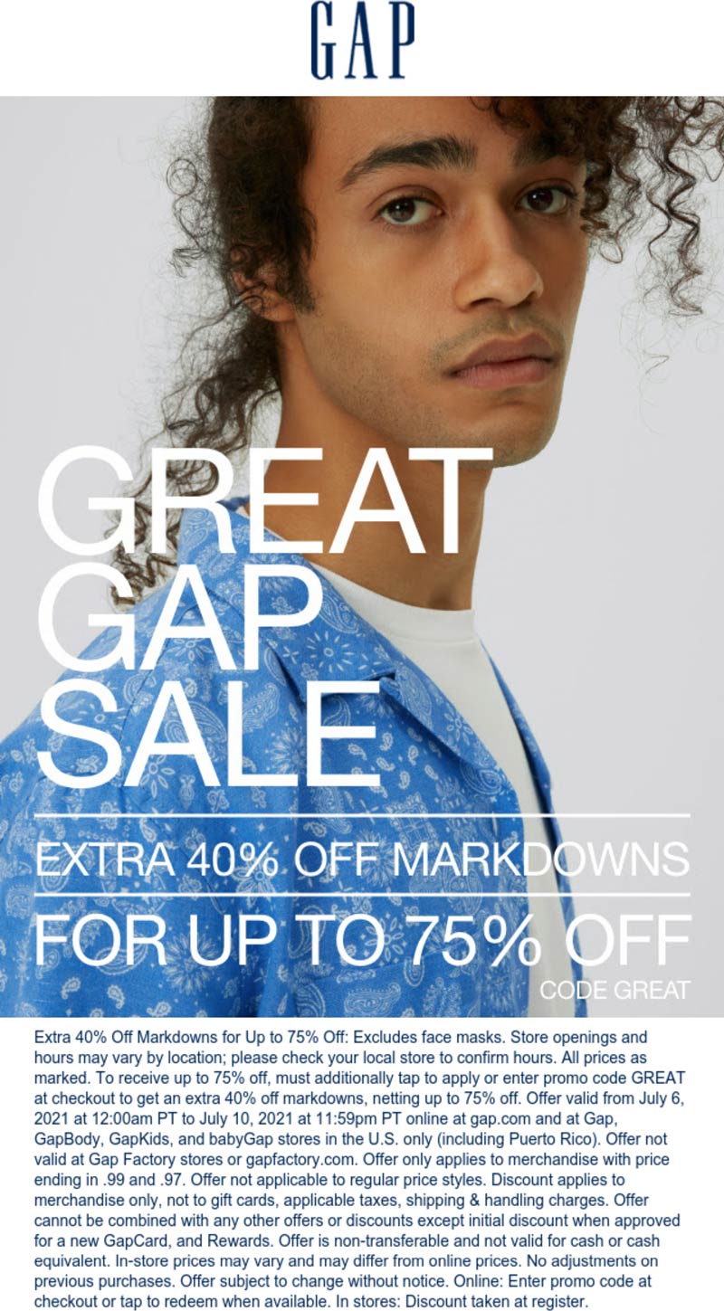 Gap stores Coupon  Extra 40% off sale items at Gap, or online via promo code GREAT #gap 