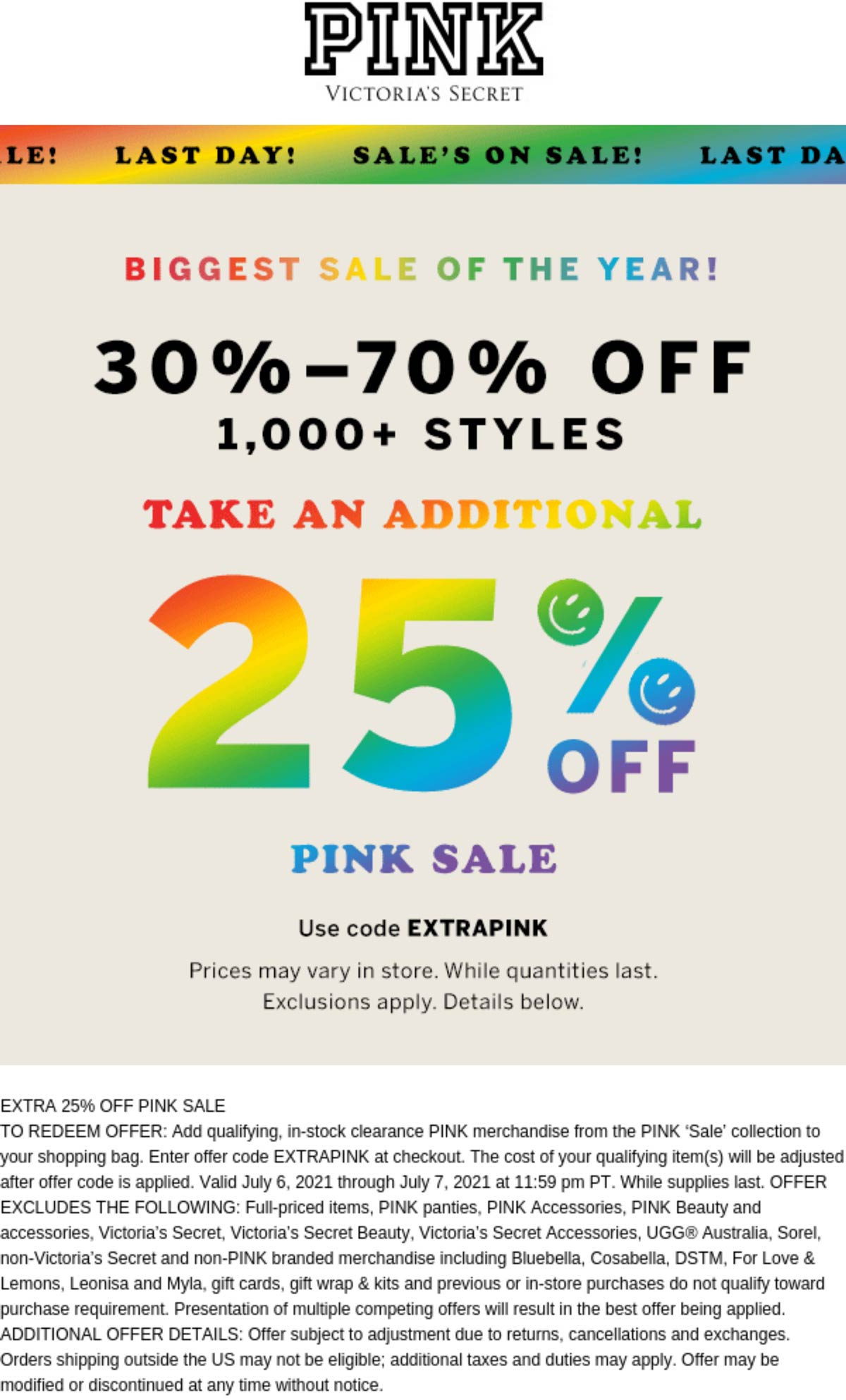 PINK stores Coupon  Extra 25% off sale items today at Victorias Secret PINK, or online via promo code EXTRAPINK #pink 