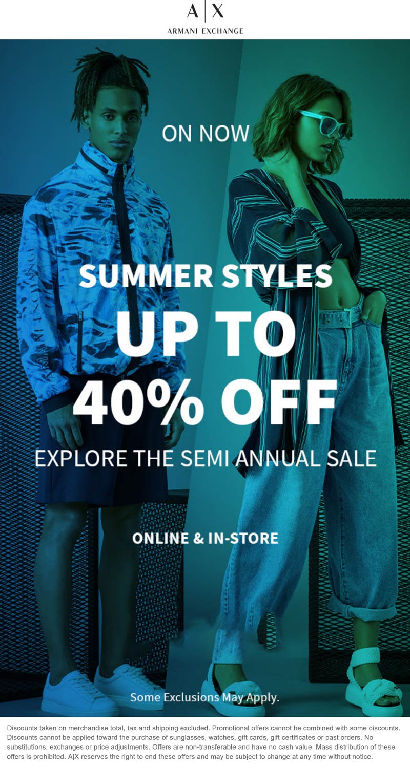 Armani Exchange stores Coupon  40% off summer styles at Armani Exchange, ditto online #armaniexchange 