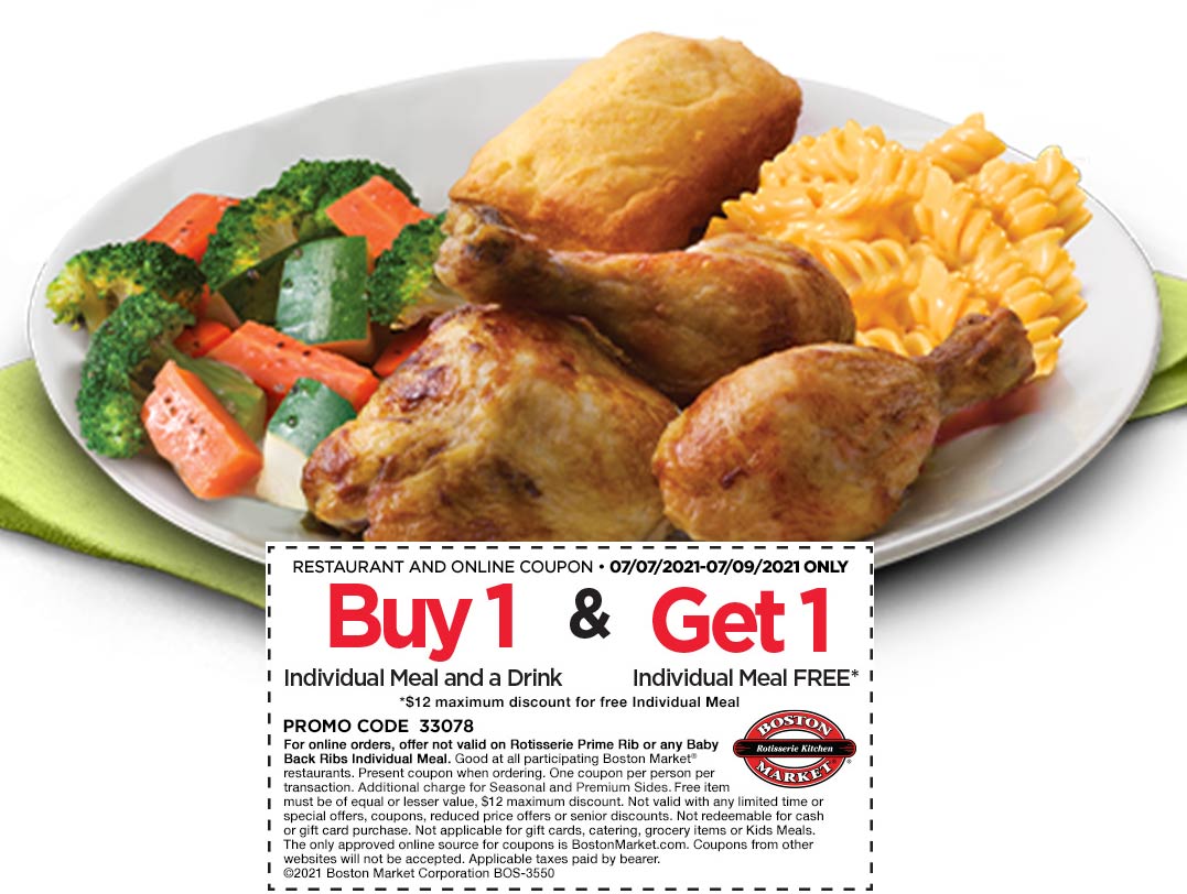 [May, 2022] Second meal free at Boston Market bostonmarket coupon