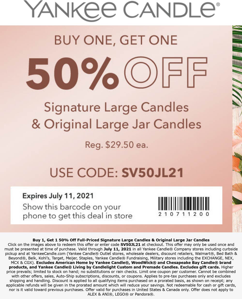 Yankee Candle stores Coupon  Second large candle 50% off at Yankee Candle, or online via promo code SV50JL21 #yankeecandle 