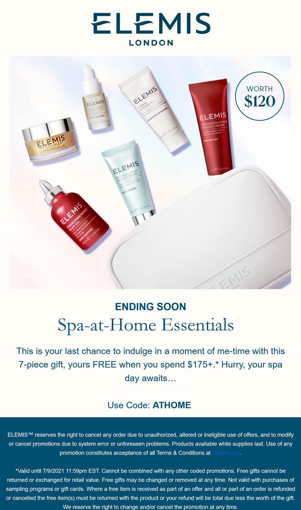 ELEMIS stores Coupon  7pc set free with $175 spent today at ELEMIS cosmetics via promo code ATHOME #elemis 