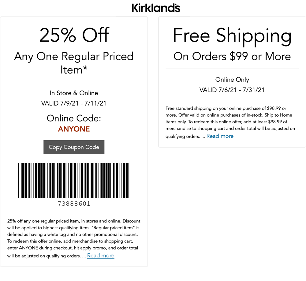Kirklands stores Coupon  25% off a single item at Kirklands, or online via promo code ANYONE #kirklands 