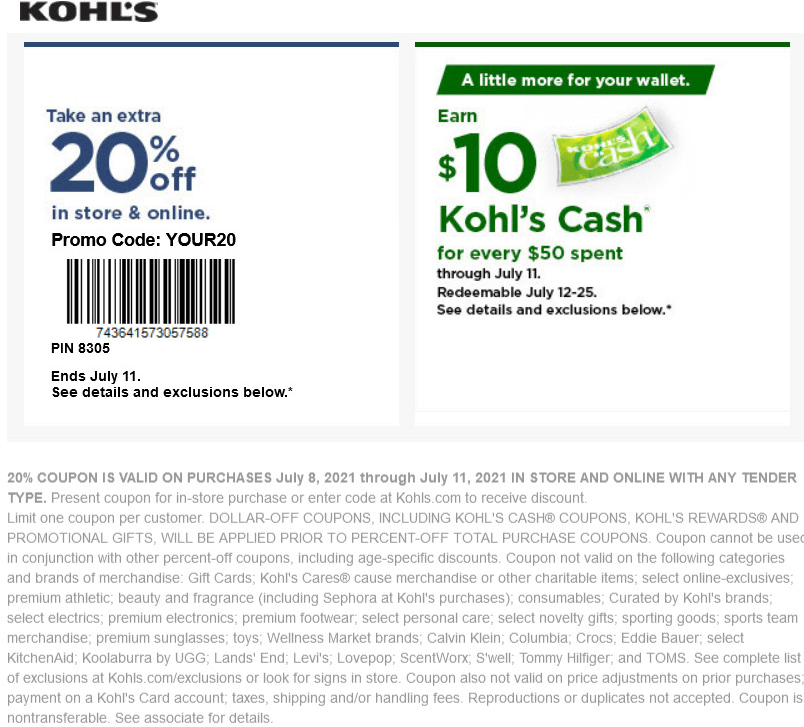 Kohls stores Coupon  Extra 20% off at Kohls, or online via promo code YOUR20 #kohls 