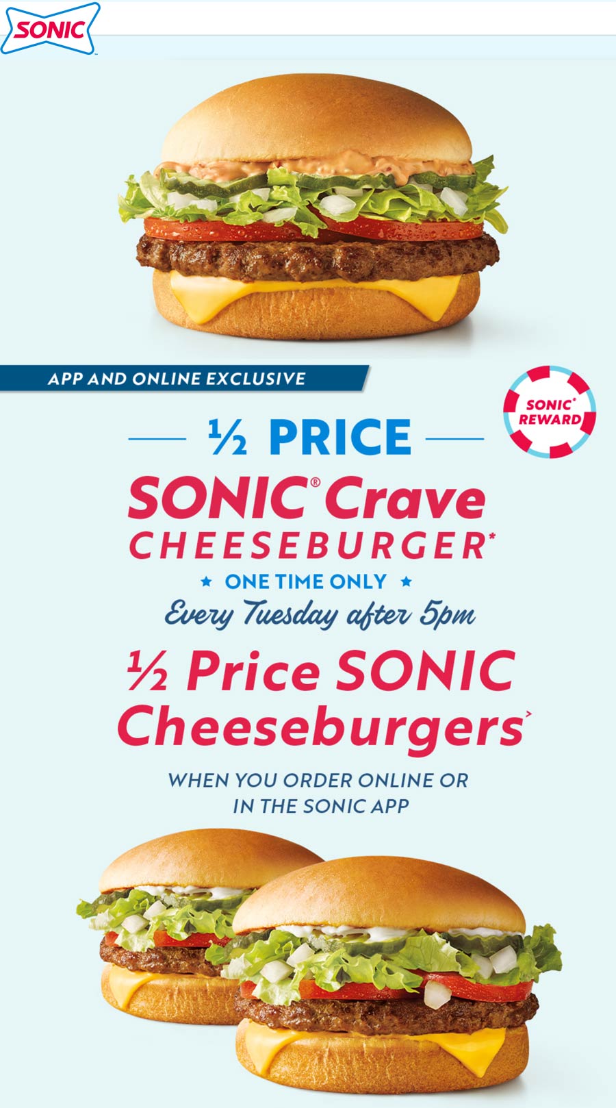 Sonic Drive-In restaurants Coupon  50% off a crave cheeseburger online at Sonic Drive-In #sonicdrivein 