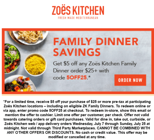 5 off 25 at Zoes Kitchen restaurants via promo code 5OFF25 
