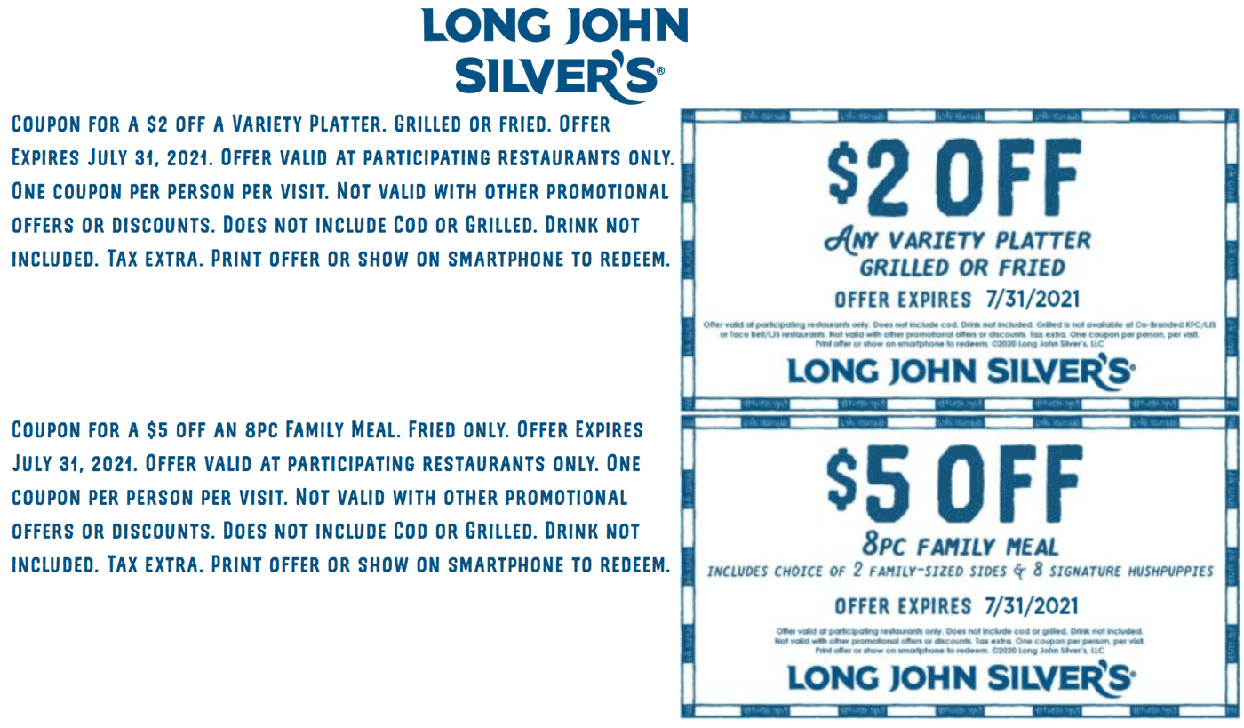 Long John Silvers restaurants Coupon  $5 off 8pc meal & $2 off variety platter at Long John Silvers #longjohnsilvers 