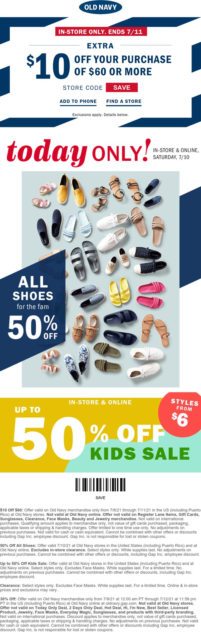 Old Navy stores Coupon  $10 off $60 + 50% off shoes at Old Navy #oldnavy 